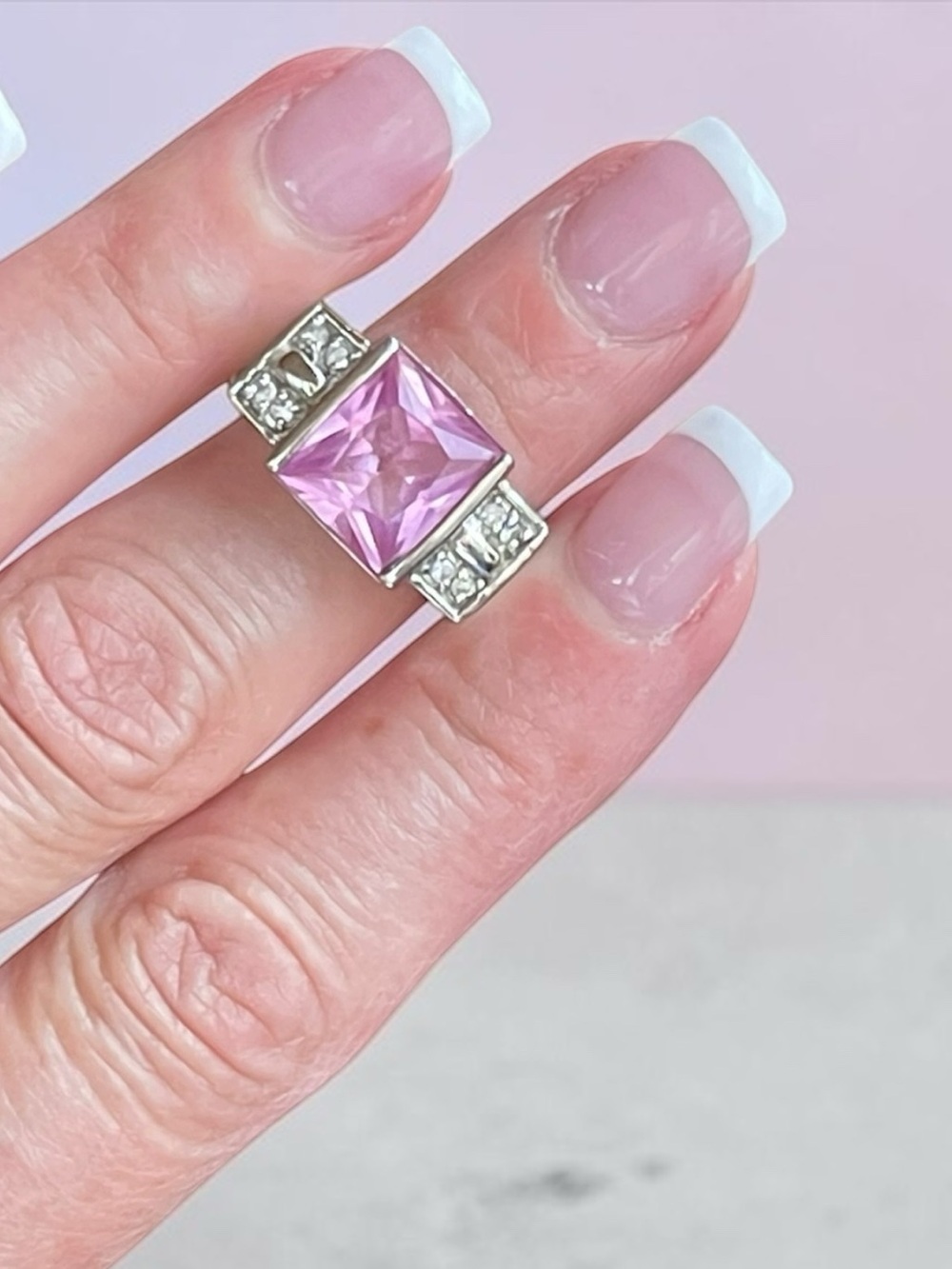 Large Princess Cut Pink Sapphire Sterling Silver Open Gallery Statement Ring